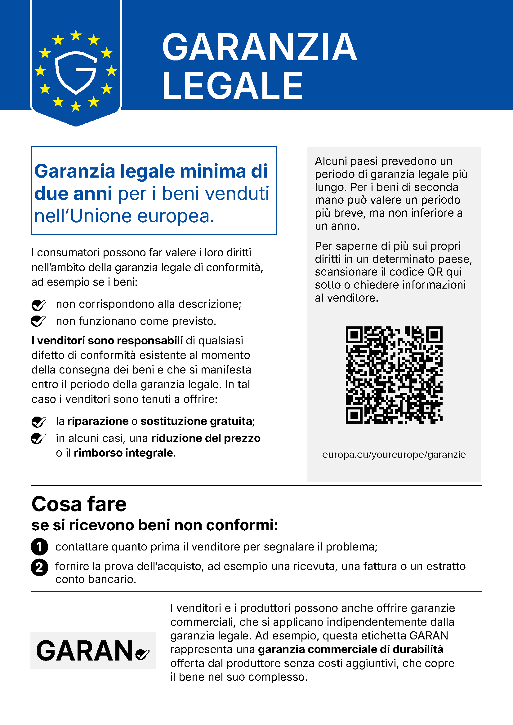 Avviso armonizzato dell’Unione europea sulla garanzia legale di conformità: almeno due anni di tutela. Trascrizione completa di seguito.